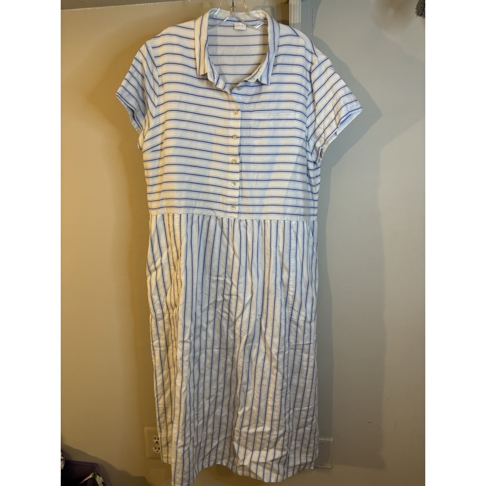 NWT POETRY Blue & White Stipe Midi Shirt Dress 14 Large Lagenlook Minimalist